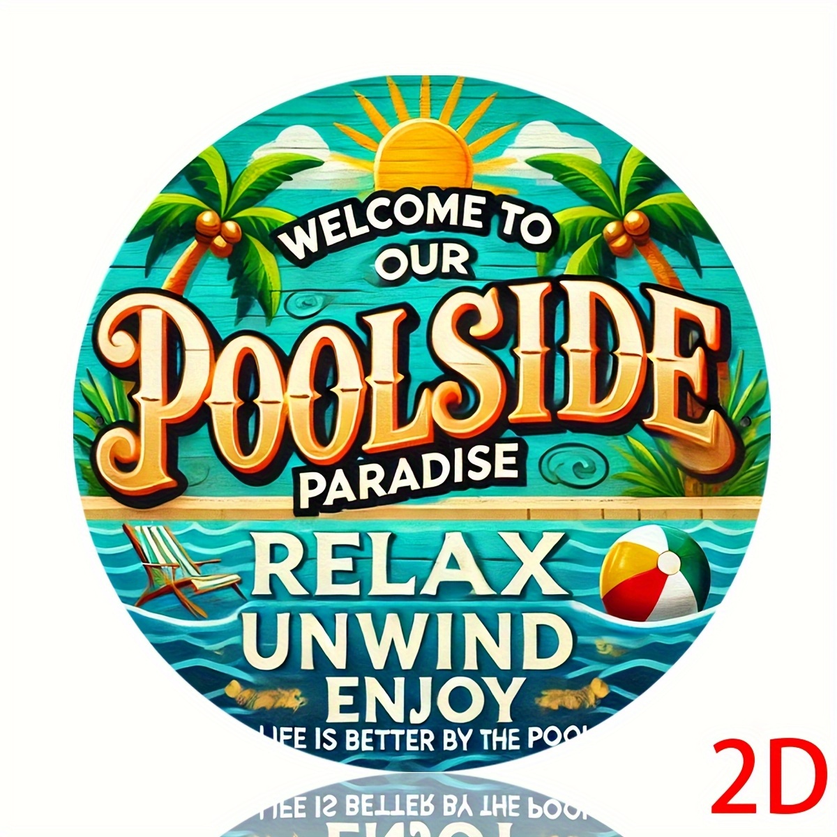 TEMU 2d Flat, 1pc, Vintage "poolside Paradise" Aluminum Metal Sign, 8*8in, Tropical Beach-style Wall Decor Suitable For Outdoor Patios And Pool