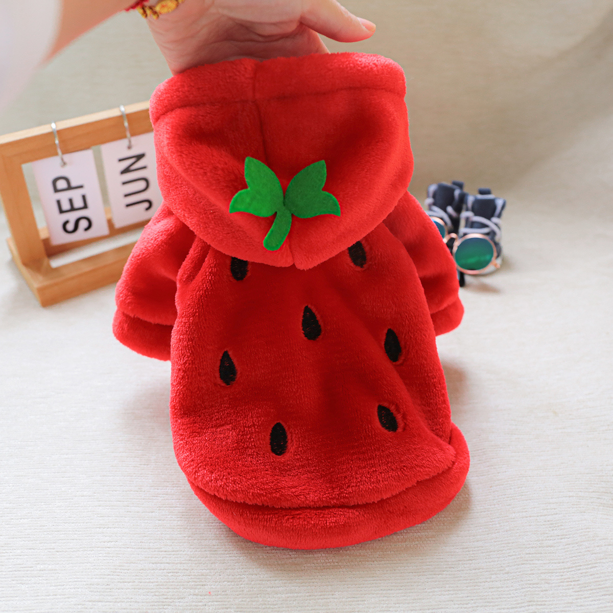 

Strawberry Pet Hoodie, Short Flannel Pullover For Small Dogs And Cats, Soft Comfortable Red Polyester Knit Fabric, Cute Animal Costume With Leaf Detail