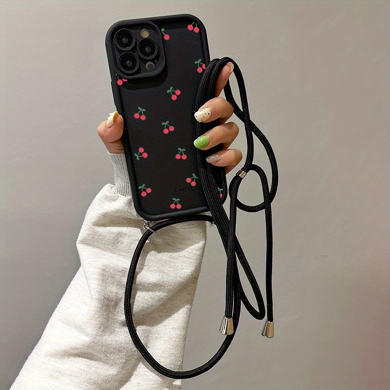 TEMU Phone Case: 2025 Shockproof Cartoon Cherry Pattern Lanyard Phone Case For Iphone 16 15 14 13 12 11 Pro Max Xs Xr 7 8 Se2 Se3 Fj1