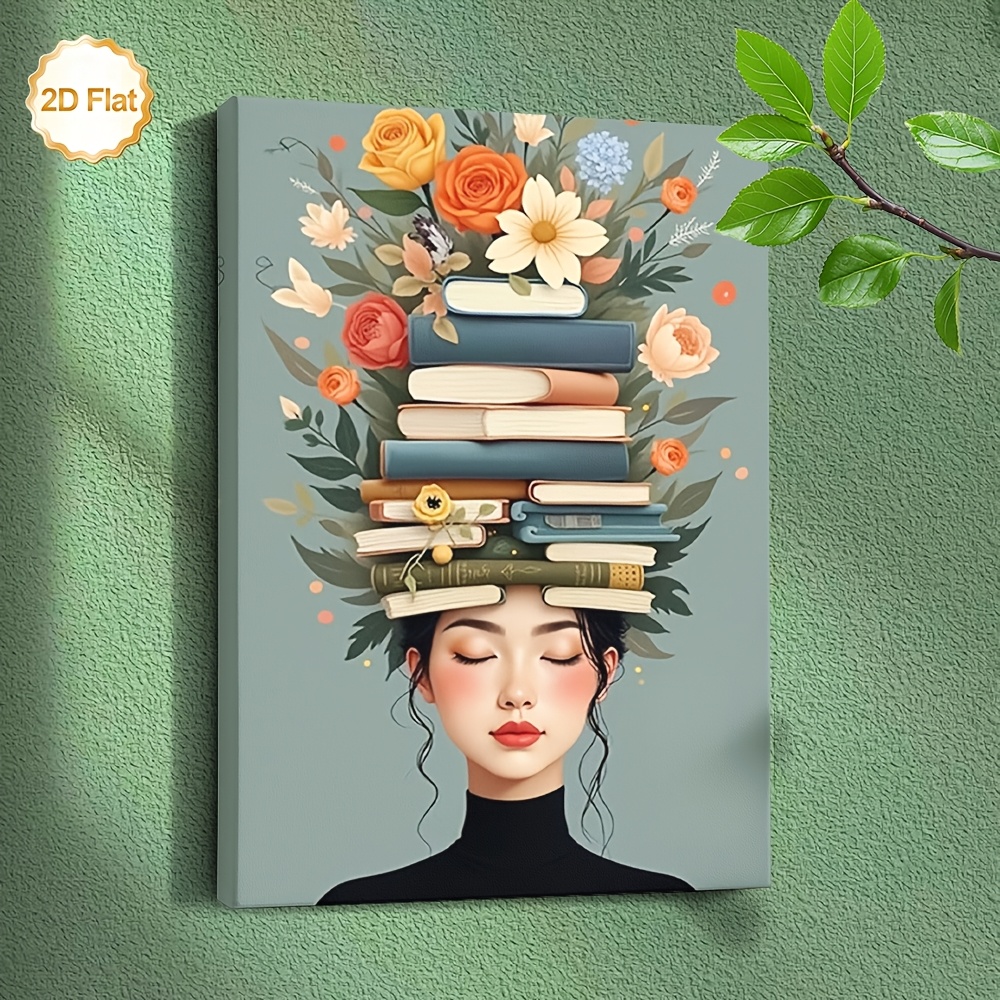 TEMU 2D piatto, 2D piatto, Questo dimensioni incorniciato su tela, che raffigura da libri e fiori nel suo capelli, 癡 per migliorare l'arredamento di