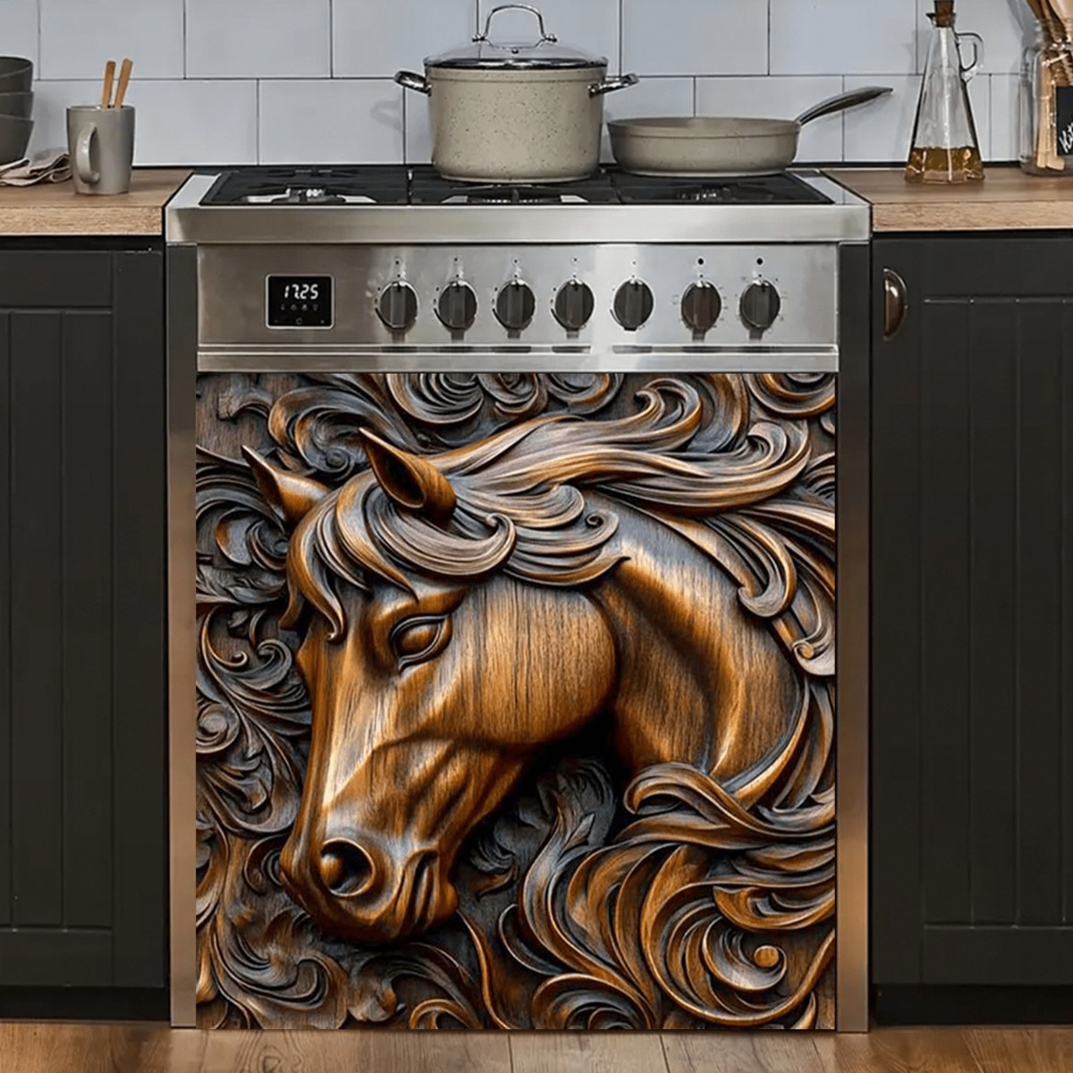 TEMU 1 Horse Head Cover For The Dishwasher, Featuring A Rustic Vinyl Design, Measuring 23.03 X 25., Perfect For Kitchen Decoration In Rustic And