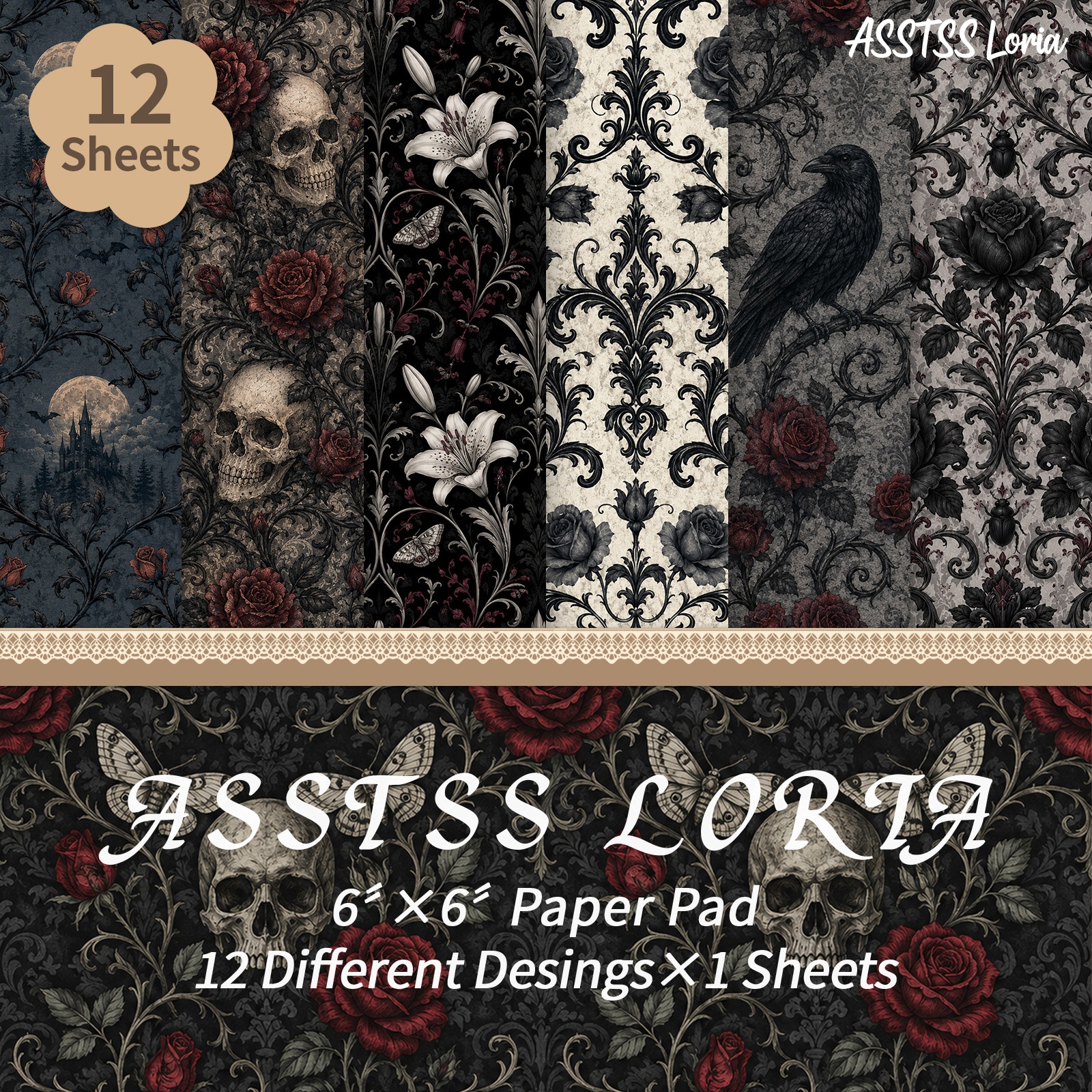 TEMU 12-sheet Asstss Loria 6x6 Inch Scrapbooking Paper Pad, Dark Gothic Floral Backing Paper Supplies, Heavyweight Cardstock For Journaling, Collage