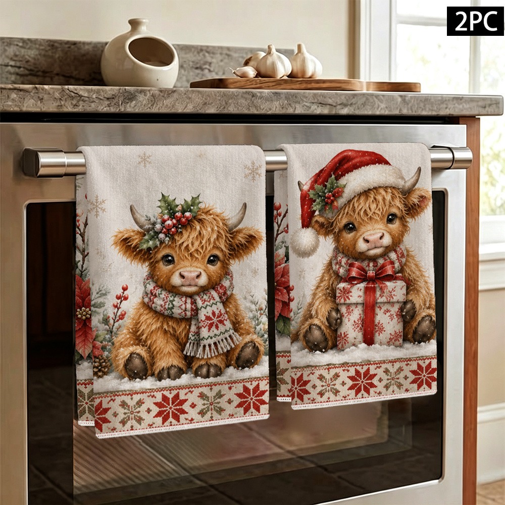 TEMU Cleaning Cloth 2pcs Kitchen Towels Scottish Highland Cow Christmas Kitchen Towels, Suitable For Holiday Table Decoration, Soft Absorbent