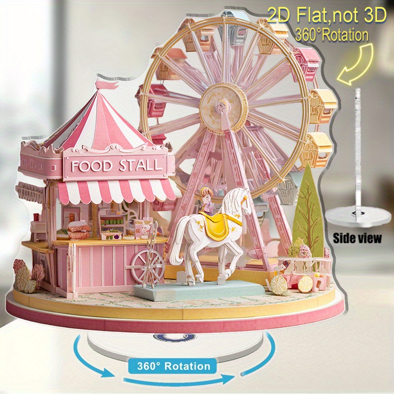 TEMU Décoration de table 2D plate de cirque et carnaval - des stands à collations, une grande roue et un - Rose pastel, jaune, bleu et doré - Aucun -