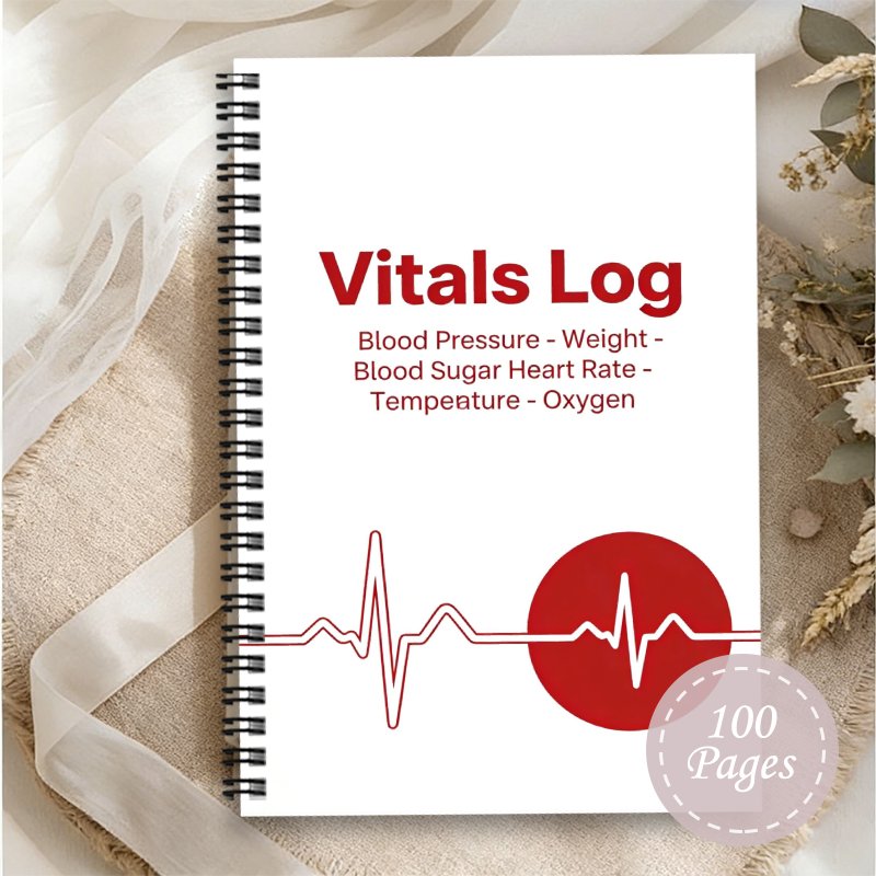 1pc Vitals Log Notebook | Daily Recording And Tracking Of Blood Pressure, Weight, Blood Sugar, Heart Rate, Temperature, Oxygen - Compact Health Journal For Diabetes Monitoring At Home With Glucose Meter Testing Tracking