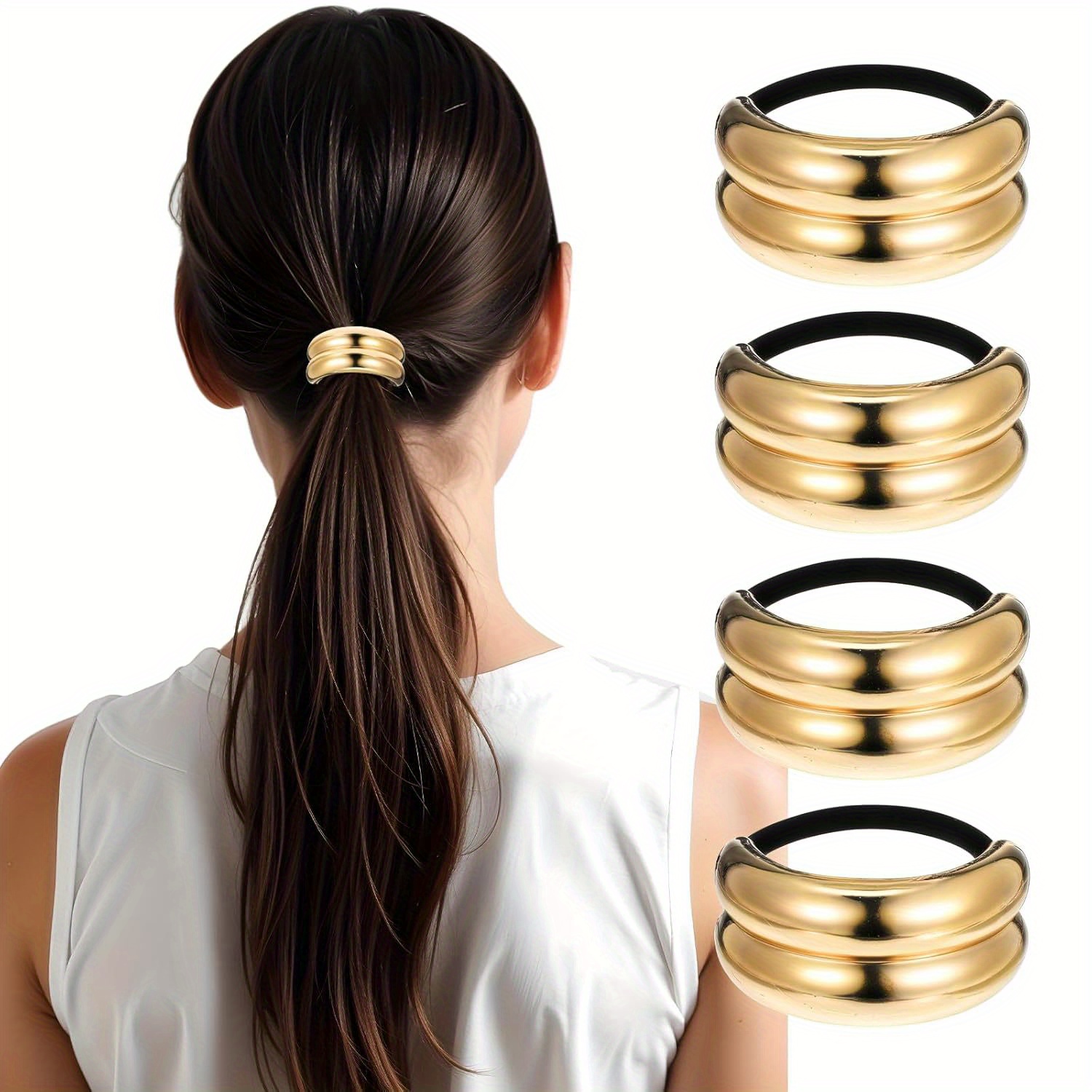 Set Of 4 Golden Hairbands, Women's Metal Frame Ponytail Cuffs, Elegant And Durable Elastic Hair Additions For Parties, Dates, And Everyday Work