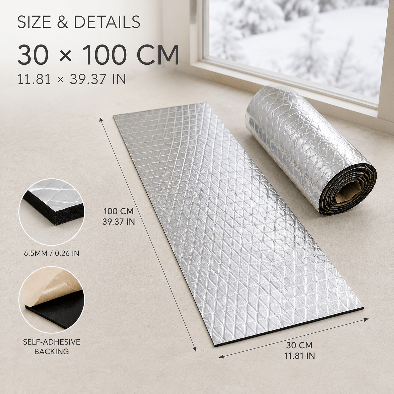 TEMU Tapis de film isolant auto-adhésif pour fenêtre 30 x 100 cm, barrière thermique en mousse à feuille réfléchissante de 6,5 mm, protection contre