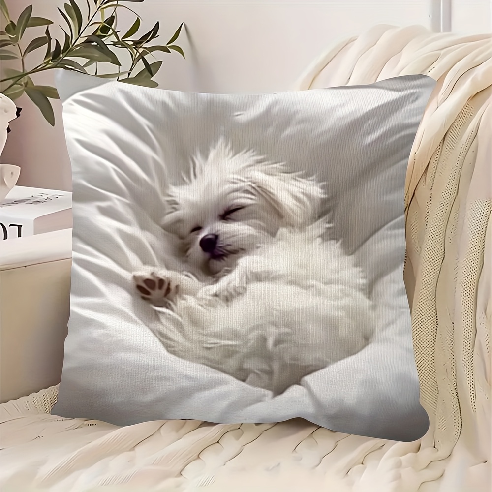 TEMU 1pc Soft Plush Pillowcase Featuring A Plush Dog Sleeping On A Bed, Measuring 45.72x45.72cm. Single-sided Print With Zipper Closure, Hand Wash