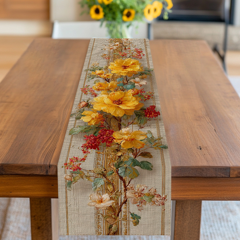 TEMU 1pc Of Vibrant Yellow Floral Table Runner With Red Highlights, Suitable For Home, Kitchen, Or Restaurant Use, Perfect For Spring-themed Decor