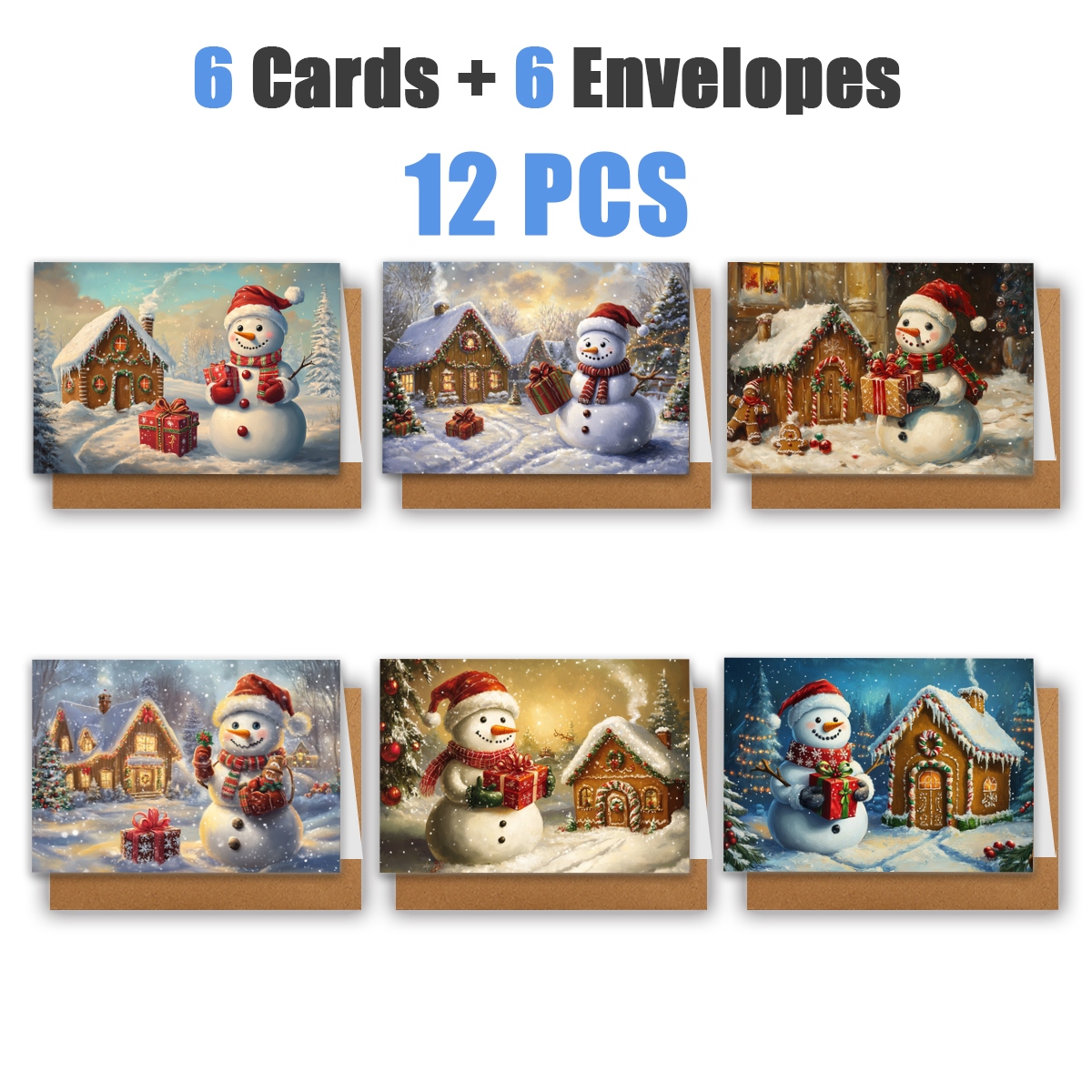 TEMU 1set/12pcs/24pcs Christmas Snowman, Gift, Gingerbread House, Christmas Elements Greeting Card | Greeting Card With Envelope, Greeting Card |