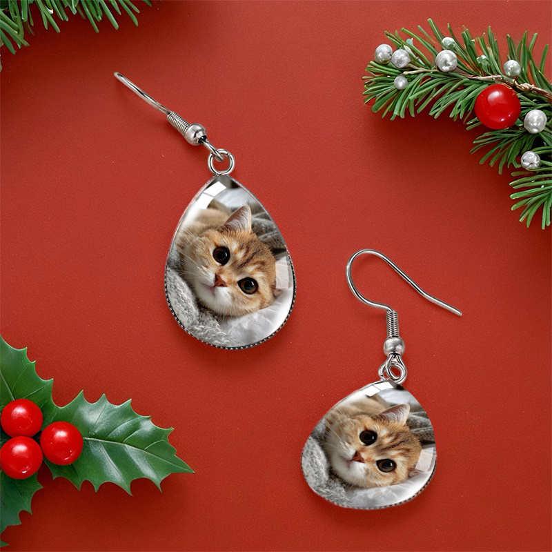 Cute Orange Cat Illustration Waterdrop Earrings, Glass