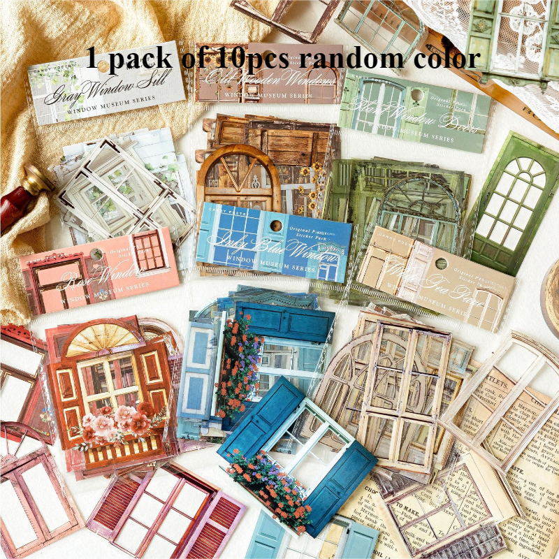 10pcs Random Color Window Museum Series Sticker Pack Retro Door And Window Theme Handbook Diy Landscaping Decoration Collage