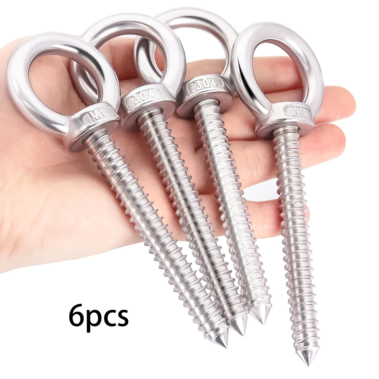 TEMU 6 Heavy Duty Stainless Steel Eye Bolts - Lazy Ropes, Hanging Chairs And Timber Screw Eyes - M5x80 Thread, Rustproof, Durable