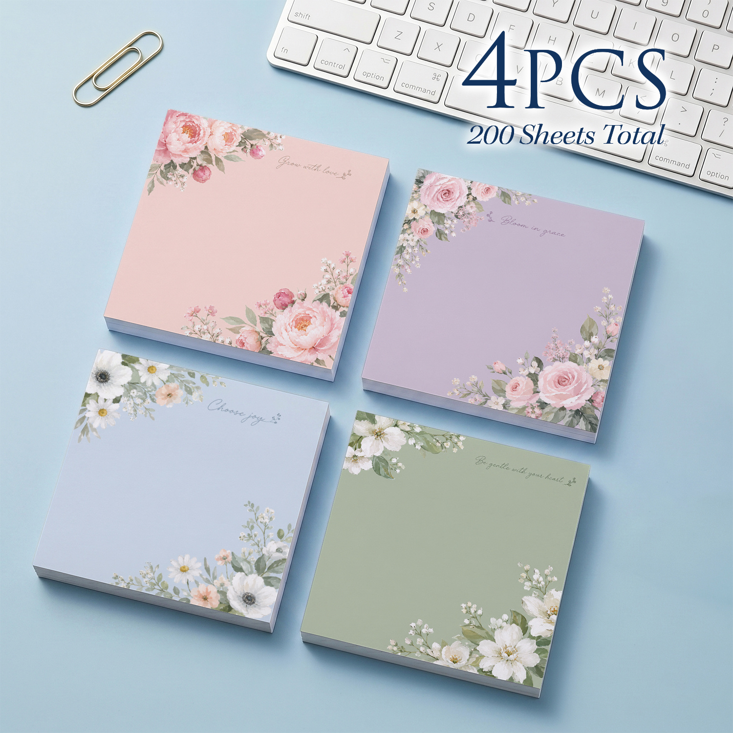 TEMU 4pcs Pack Self-stick Floral Sticky Notes Suitable For Journaling, Planner, Scrapbooking - Vintage Botanical Pads With Square Pages, Aesthetic