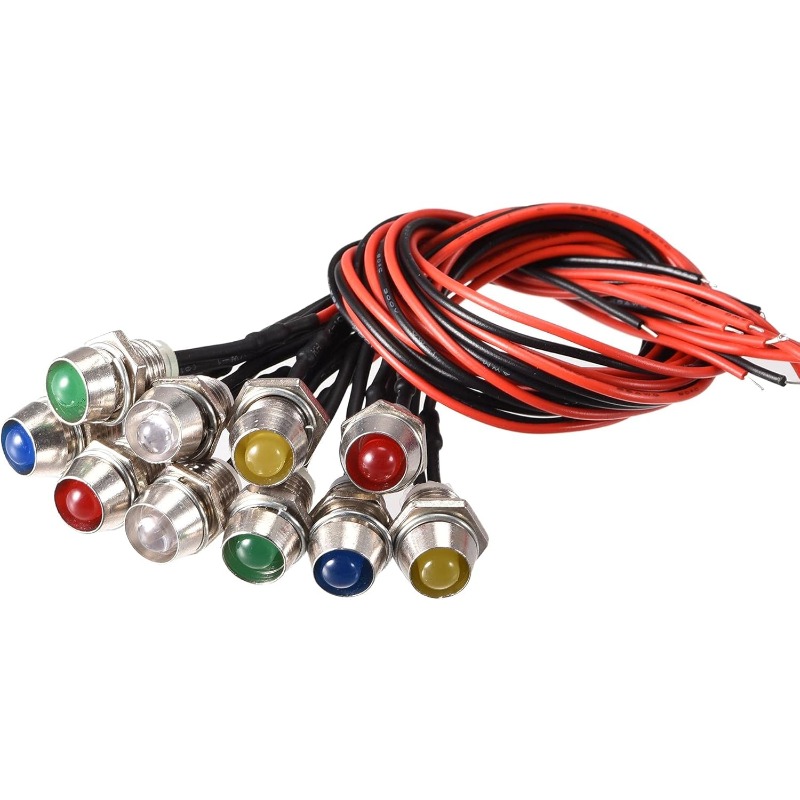 TEMU 10pcs 8mm 12v Led With Metal Lamp Sockets, Suitable For Use As Indicator Lights For Cars, , Boats, Dashboards, Turn , And Diy Home Improvement