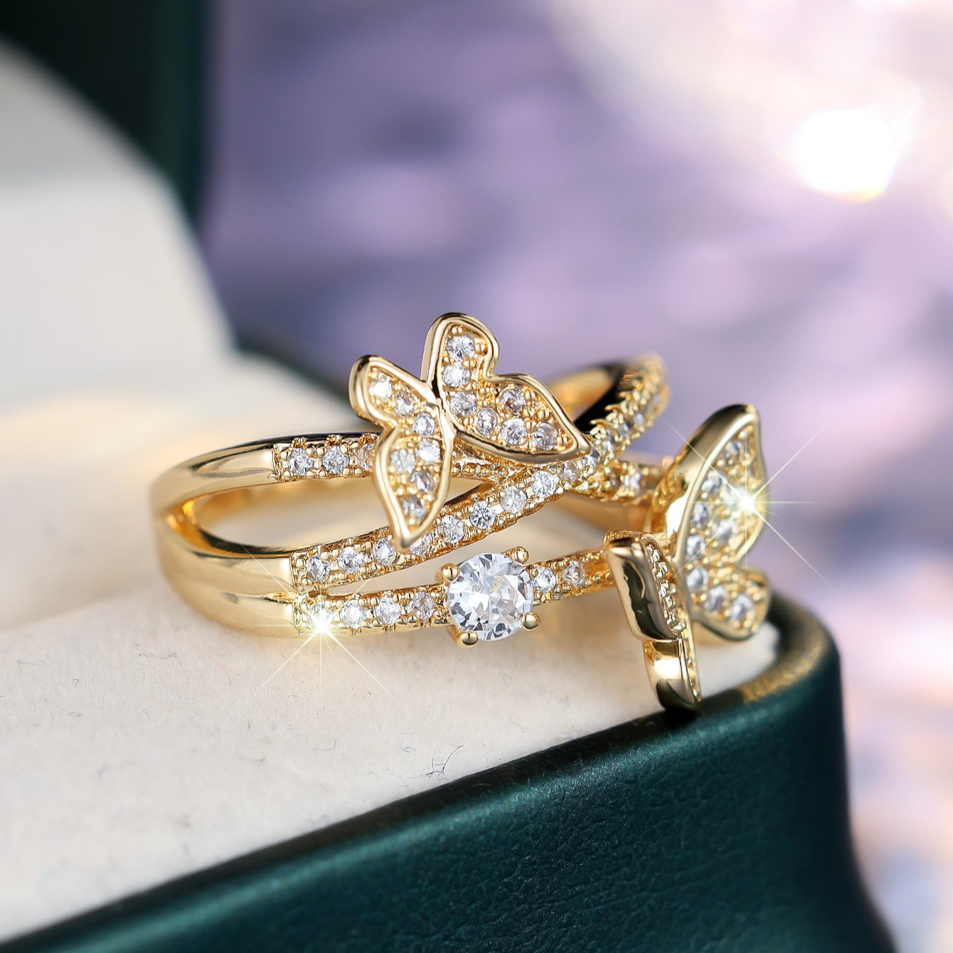 Golden Double Butterfly Stackable Ring with Synthetic Zirconia