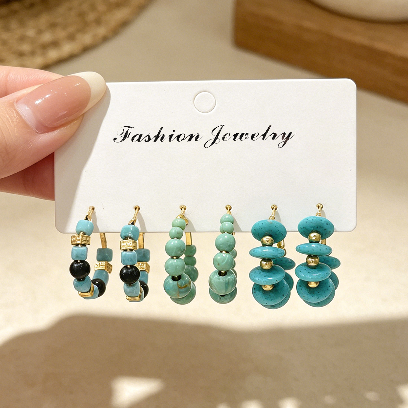 TEMU 6 pièces / 3 paires de boucles d'oreilles créoles vintage minimalistes pour femme, avec perles plates bleues, perles rondes et petites perles