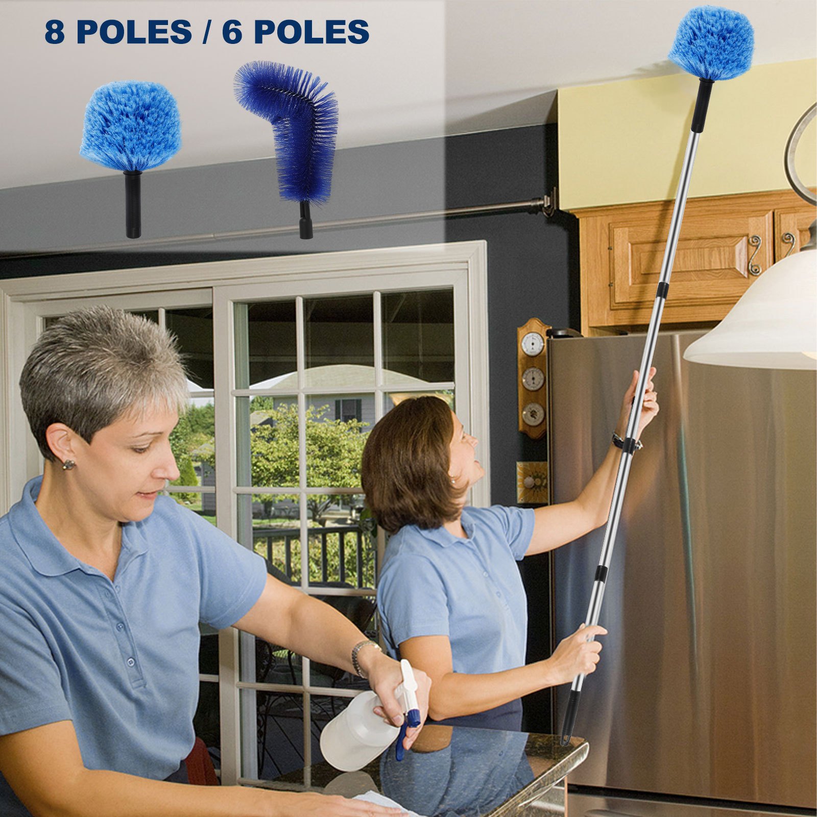 1 set blue cobweb duster with extendable stainless steel pole reusable spider web brush medium firmness no electricity needed multi component home cleaning tool for ceiling fan furniture details 0