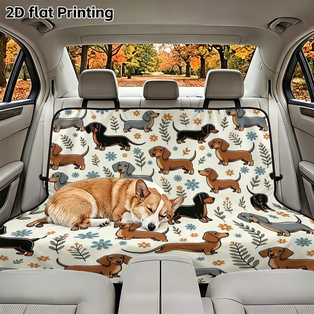 TEMU 1pc Cartoon Sausage Dog Floral Pet Car Seat Cover, Car Backseat Protector, Dog Travel Mat, Fits Car Models, , Convenient Storage, Easy To Clean,