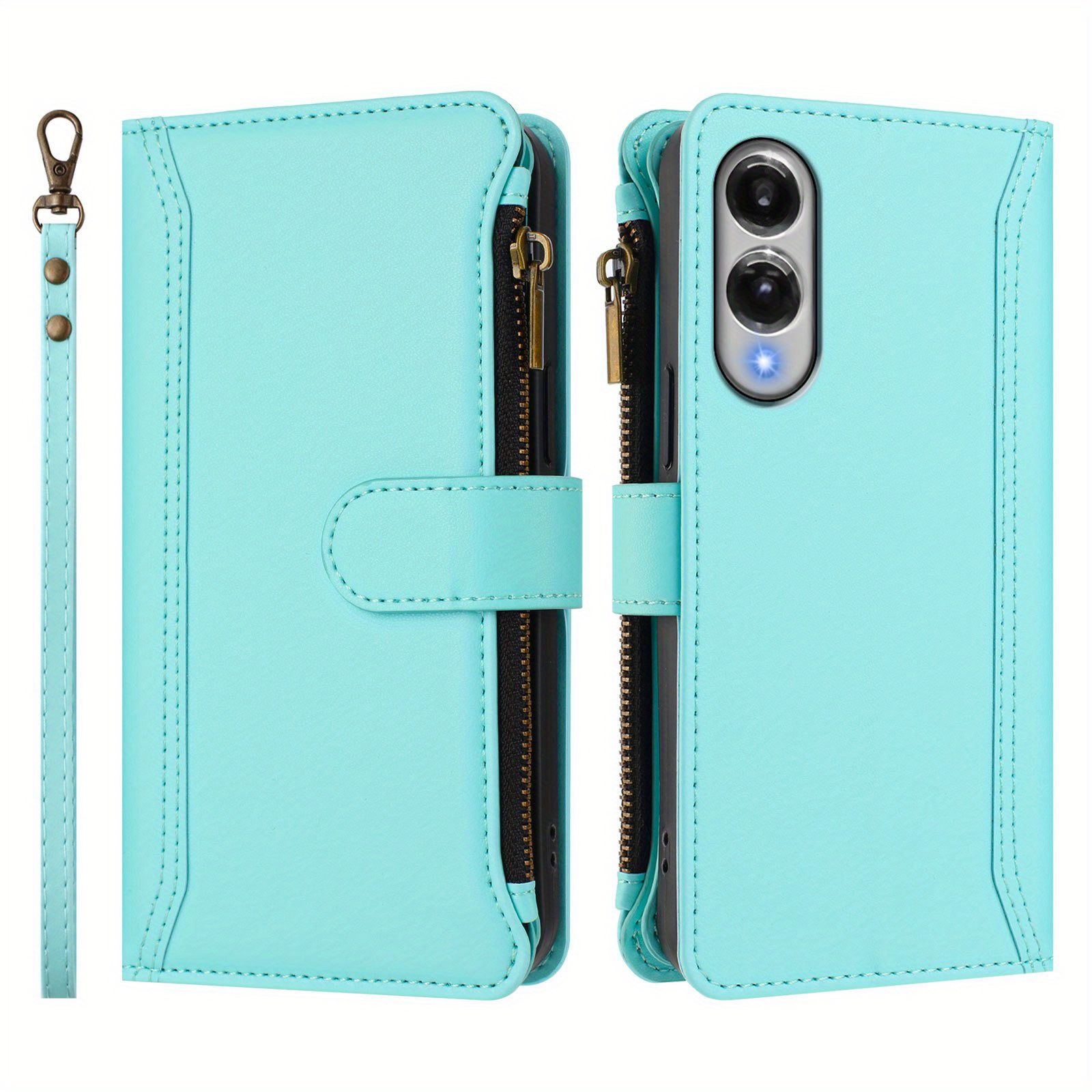 TEMU Phone Case - Mint Green Nine-card Zipper Bag Multifunctional Faux Leather Phone Case Durable Synthetic Faux Leather, Featuring A Card Holder,