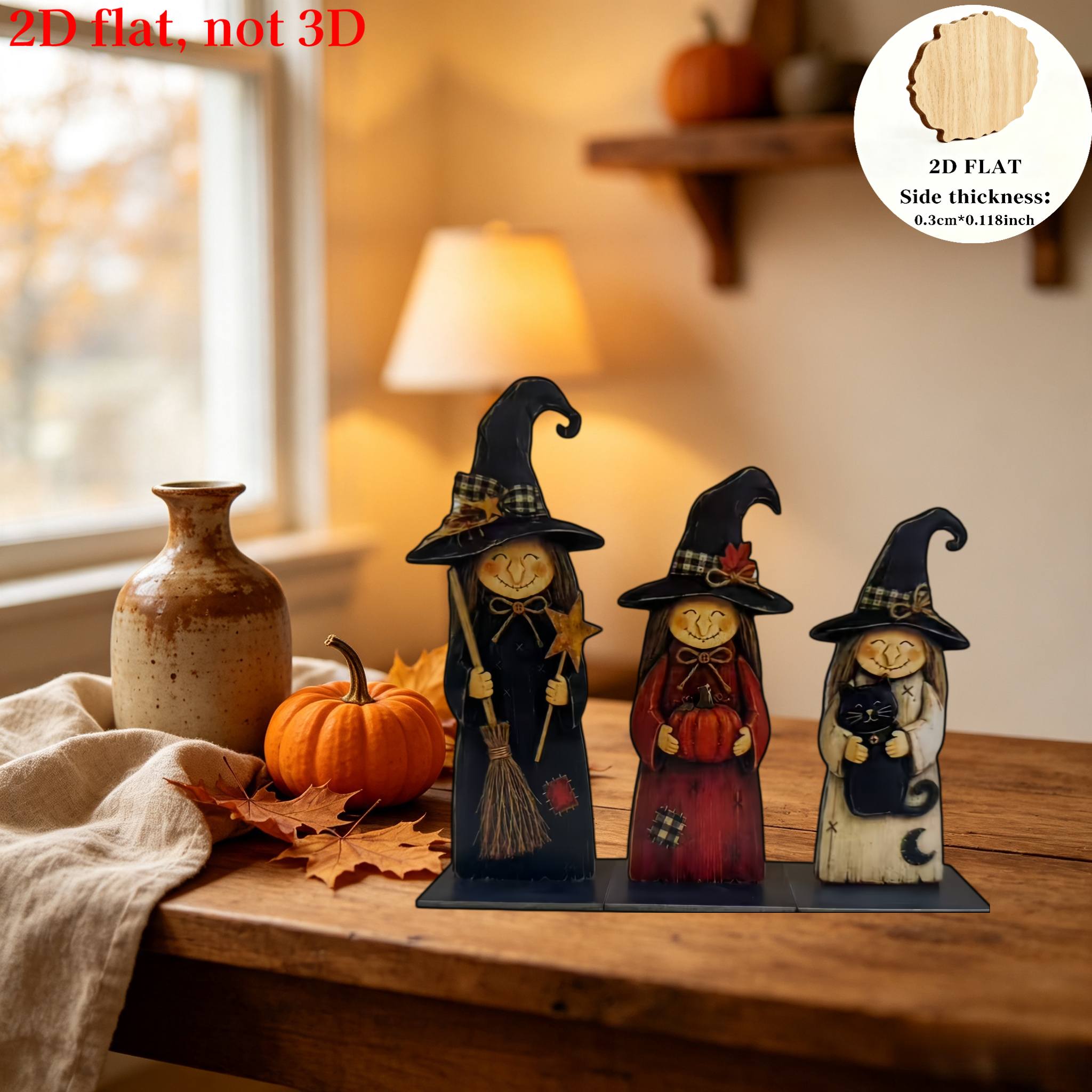 TEMU 2d Flat, 3pcs Set, Witch Sisters Decorative Wooden Set, Halloween Rustic Farmhouse Mantelpiece Decor, With Handcrafted Cat, Broom, And Hat
