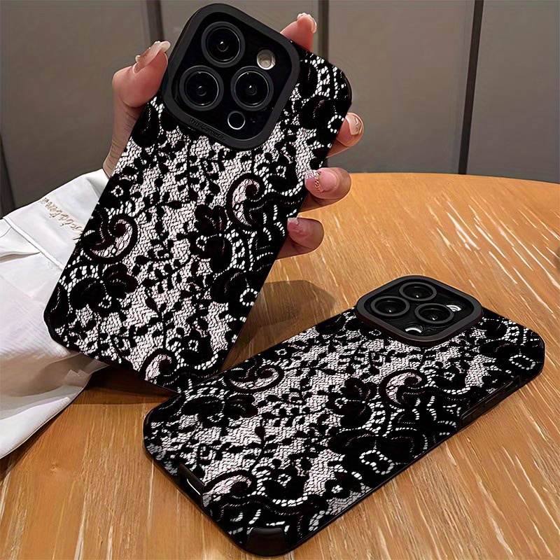 Black Lace Pattern Stylish Phone Case for iPhone 16/iPhone 16 Pro/iPhone 16 Plus/iPhone 16 Pro Max/iPhone 15/15 Plus/15 Pro/15 Pro Max, iPhone 14/14 Plus/14 Pro/14 Pro Max, iPhone 13/13 Pro/13 Pro Max, iPhone 12/12 Pro/12 Pro Max, iPhone 11/11 Pro/11 Pro Max - Dirt-Resistant, Shockproof, High Aesthetic Appeal