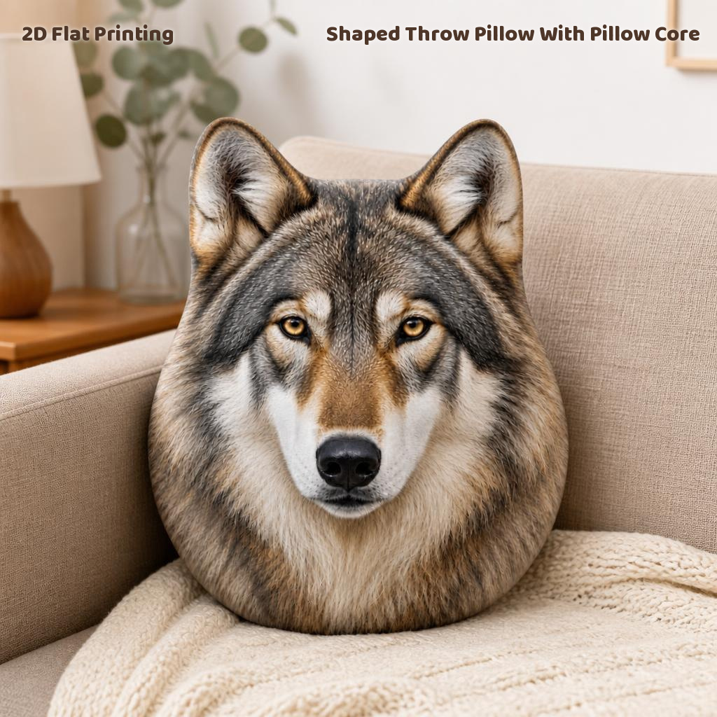 TEMU Gray Wolf Face Shaped Throw Pillow Realistic Wildlife Portrait Decorative Cushion For Sofa Bedroom Nature Lover Home Decor 2d Flat Printing
