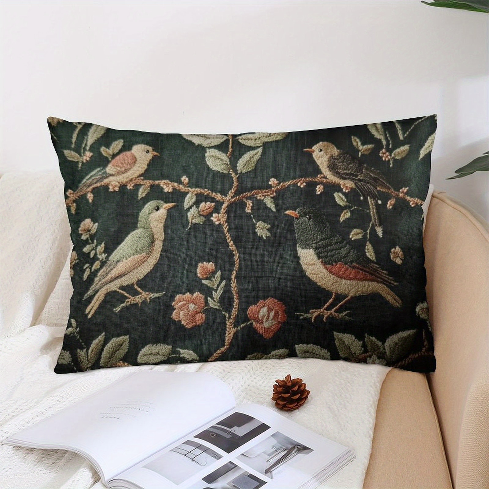 

1pc Style Embroidered Birds & Flowers Throw Pillow Cover, 12x20 Inch, Linen Fabric, Machine Washable, Zipper Closure, Decorative Cushion Case For Sofa, Bedroom, Home Office - Cozy Velvet Touch