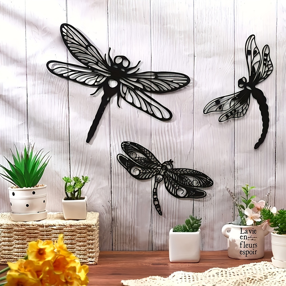 TEMU 【2d Flat】 [2d Flat] Set Of 3 Rural-style Acrylic Dragonfly Wall Art - Black Silhouette Decoration, Suitable For Home, Living Room, Bedroom, And