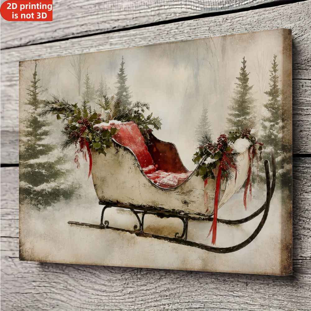 TEMU 2d Flat, 2d Flat 1pc Framed Canvas Vintage Rustic Winter Sleigh With Holly And Red Ribbon Canvas Art Print For Living Room, Bedroom & Hallway