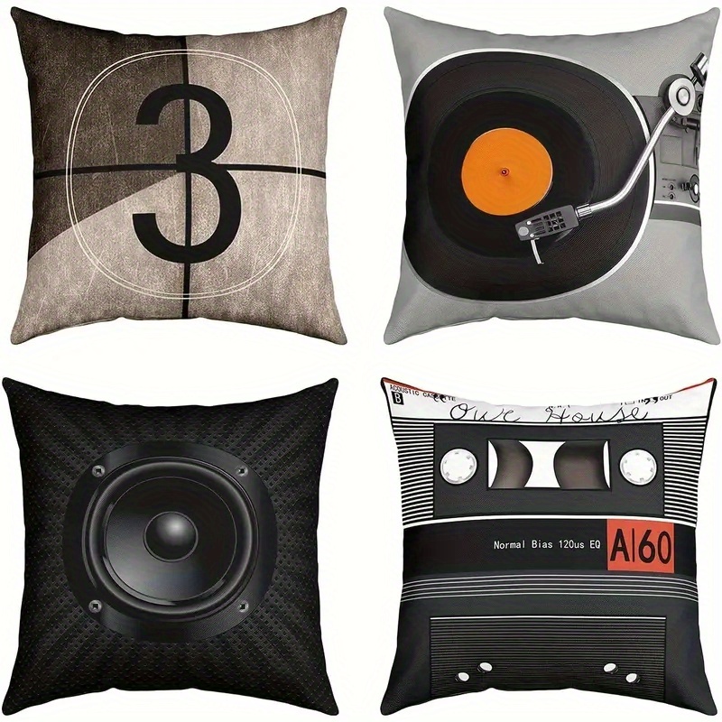 TEMU 4pcs Set, Minimalist Style Audio Equipment Series Pillowcase Square, Countdown, Vinyl Record, Audio And Tape And Other Musical Elements Pattern