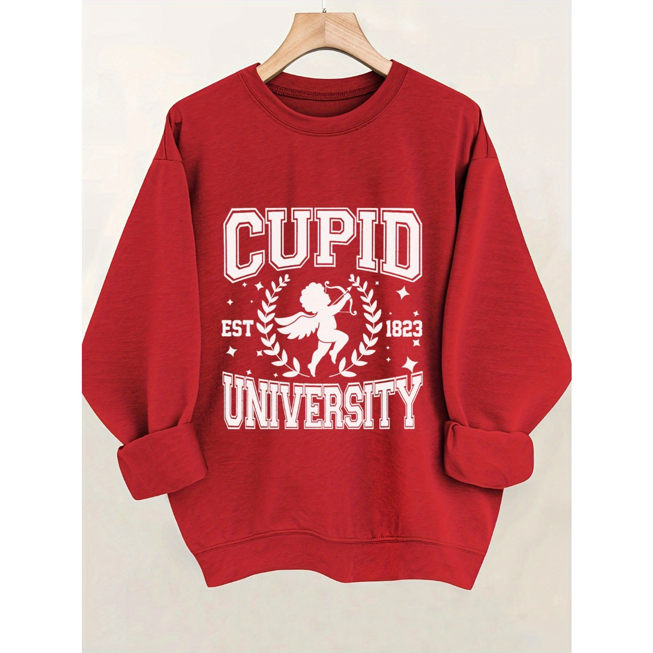 

1pc Valentine's Day Inspired Women's Casual Red Sweatshirt With "cupid University" Letter Print, Polyester Knit Crew Neck Pullover For All