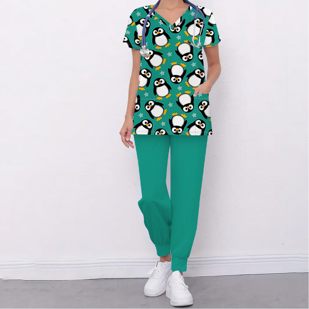 TEMU Cute Penguin Print Women's Uniform Set, With Full Cute Penguin Star Pattern, V-neck Short Sleeve For A Neat And Non-tight Fit, With Matching