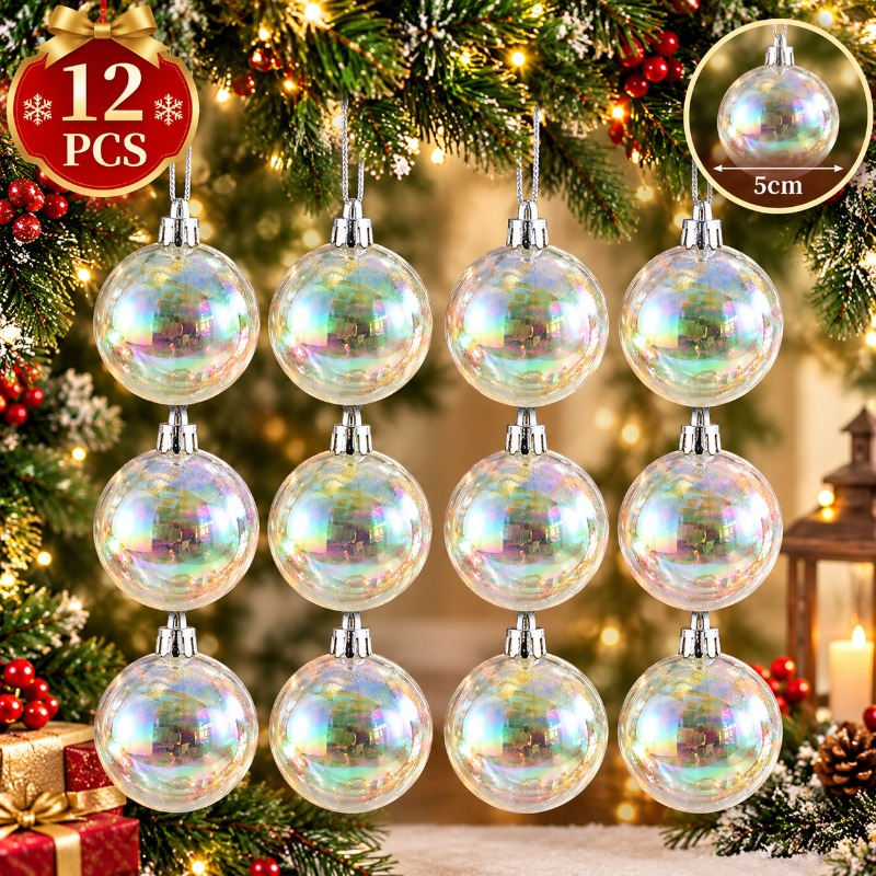 TEMU Lot de 12 boules de Noël iridescentes transparentes de 5 cm/1,97 po, ornements creux ouvrables, lumineuse, décoration de Noël pour sapin