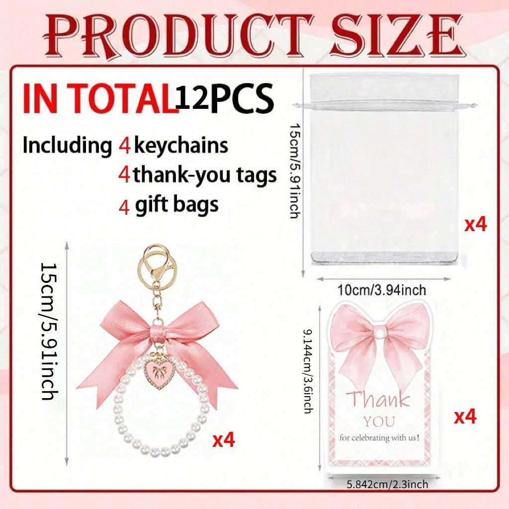 TEMU 12pcs Elegant Pearl Bow Key Chain Set With Thank You Card And Transparent Hard Tulle Bag, Suitable For Phone, Bag, Keys, Car, Earphone Pendant,