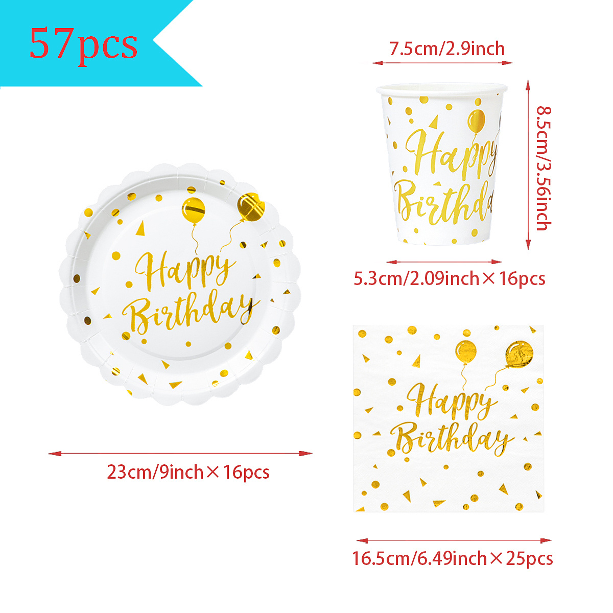 TEMU Set de vaisselle de fête 57 pièces blanc avec ballons dorés " Anniversaire" à bord festonné, 16 assiettes en papier de 9 pouces + 16 gobelets en