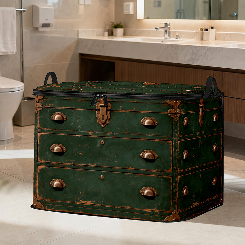TEMU 1 2d Flat Vintage-style Green Metal Printed Storage Box With Copper Buckles And Rivet Embellishments, Featuring An . Suitable For Home