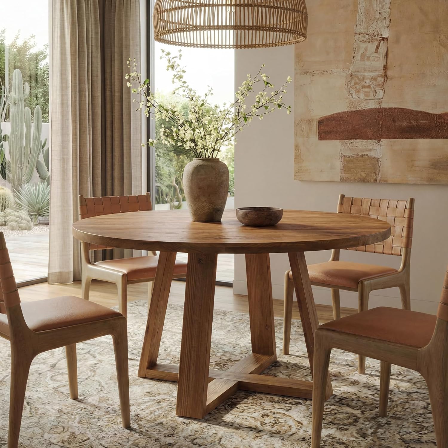 Image of 47.2" Solid Wood Dining Table, Round Kitchen , Rustic Circular Tables With A Strong Trestle Base For And Kitchen, Warm Oak End