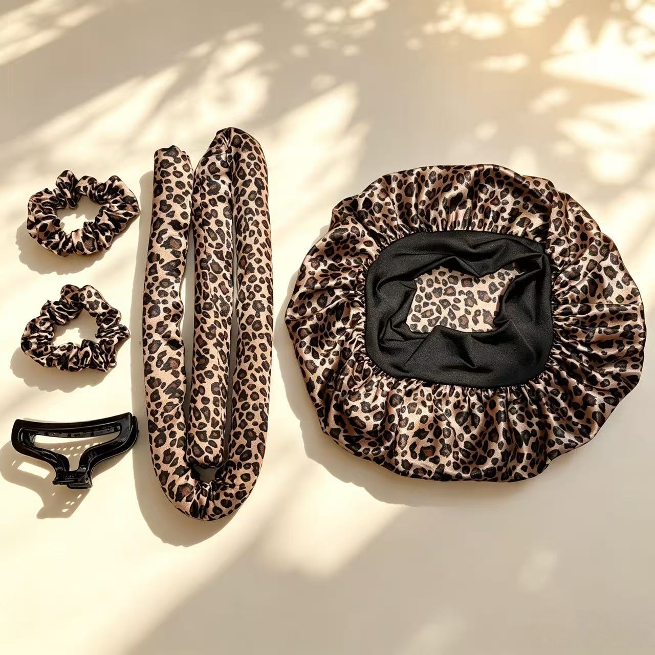 TEMU 5pcs Vintage Leopard Print No-iron Curling Set, Heatless Sleep Curlers For Lazy Days, Satin Sleep Cap, Hair-friendly Volumizing Large Wave