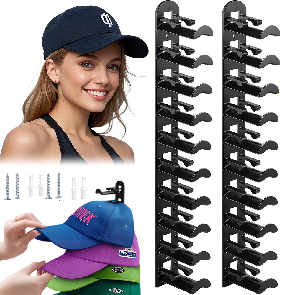 Image of 2pcs Black Wall-mounted Baseball Cap Holders Suitable For Home, Bedroom, Closet - Space- Hat Organizer Rack With , Durable Sturdy Cap Display Shelf For Caps Storage, Holds Multiple Hats