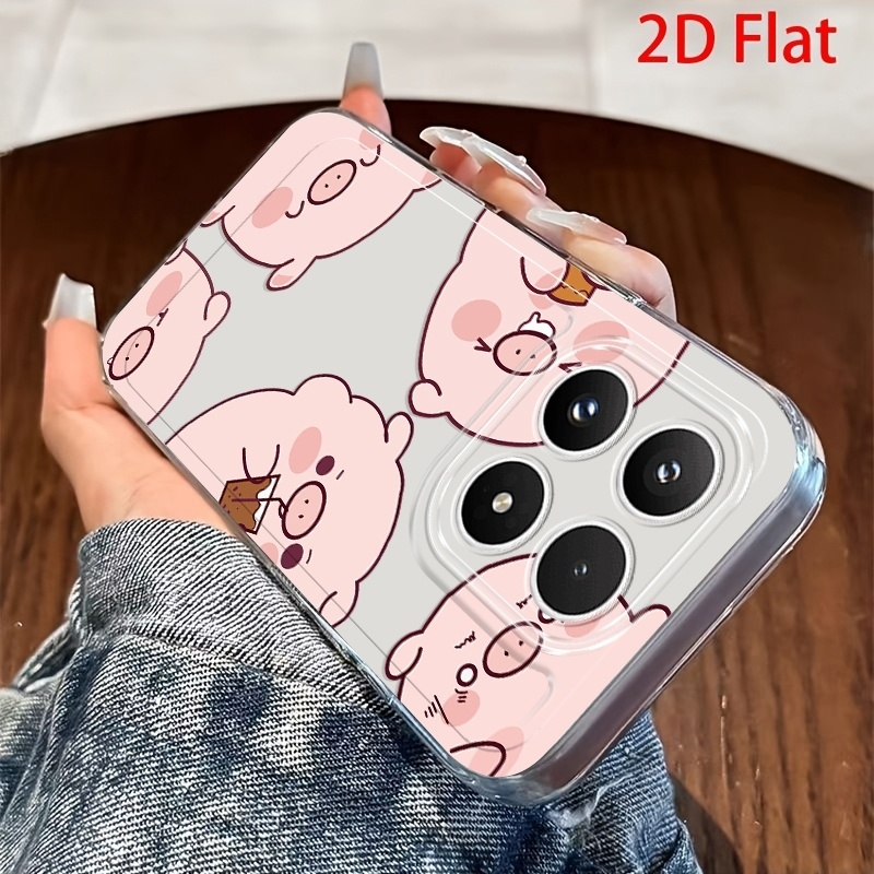 폰 케이스: poco c85, poco c75 5g, poco c71, poco c65, poco c61, poco c40, xiaomi 15t pro, xiaomi 14t pro용 2d 플랫 폰 케이스, 매력적인 만화 돼지 패턴 커버, 장난기 넘치는 음식 음료 케이크 선물 풍선, 2d 플랫