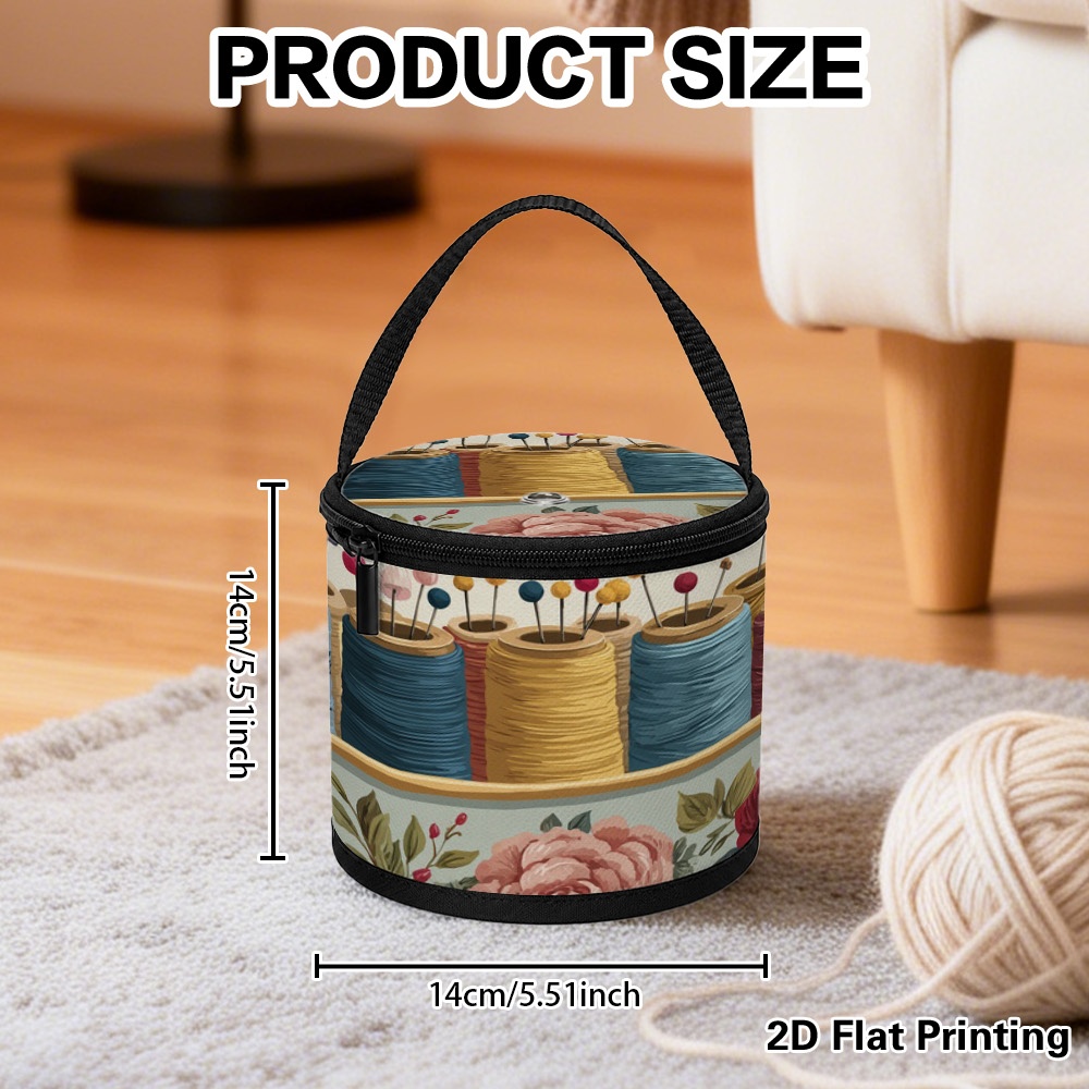 TEMU 2d Flat, 1pc Yarn Storage Bucket With Colorful Thread Spools And Pins Print, Portable Circular Crochet Hook Organization Case, Household