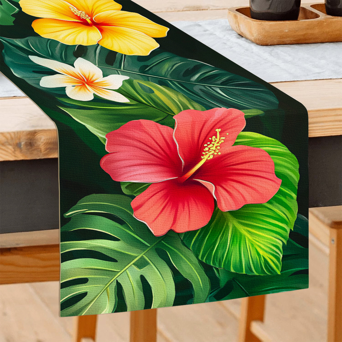 TEMU 1pc Background Tropical Floral And Leaf Pattern Summer Style Table Flag, Suitable For Decor, Guest Table Shoe Cabinet Vintage Tabletop
