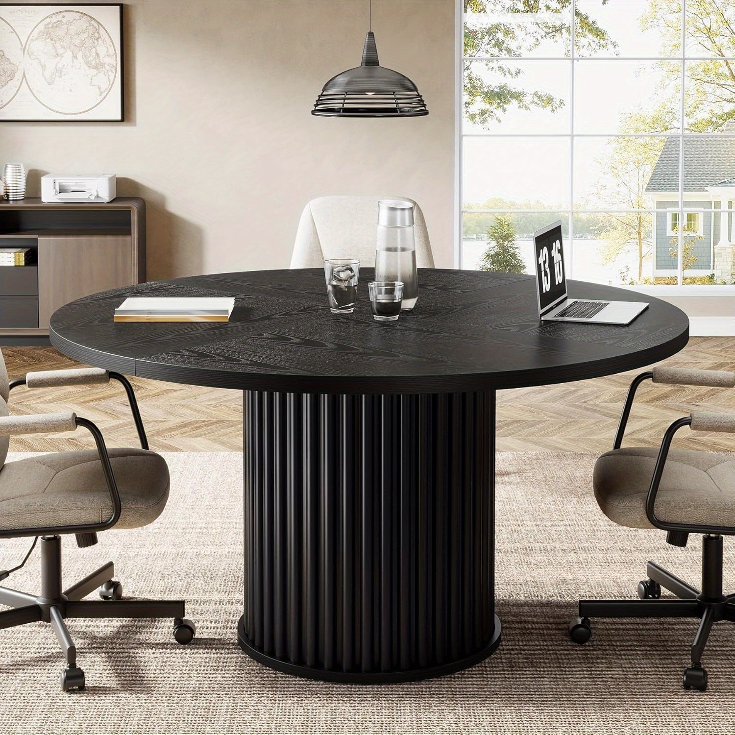 47-inch Round Conference Table, Black Meeting Table For 4-6 People, Small Office Desk With Sturdy Metal Base, Perfect For Conference Room Or Small , Black