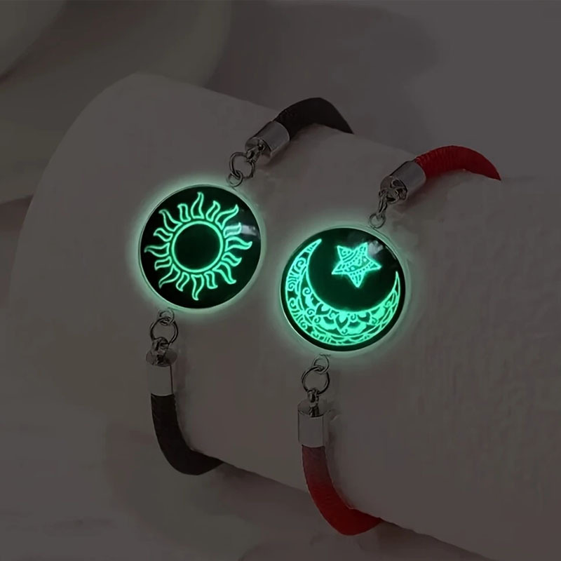 TEMU 2pcs Moon Star Luminous Round Brand Adjustable Braided Rope Bracelet Set, Couple's Best Friend Additions, Women's And ' Party Versatile Gift
