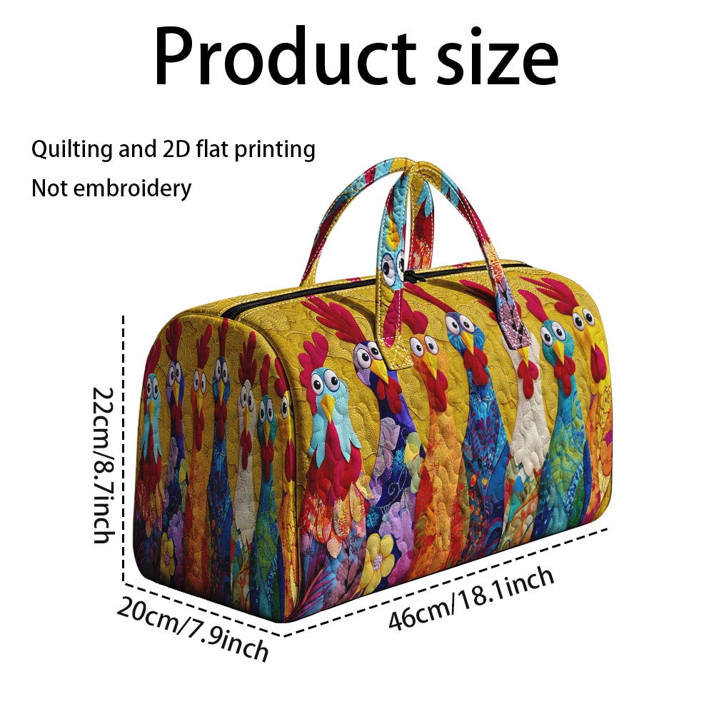 TEMU 1pc Ridesay Large Quilted Tote Bag Suitable For Travel & Commute, Colorful Rooster Print Handbag With Quilted, Polyester Luggage Bag For &,