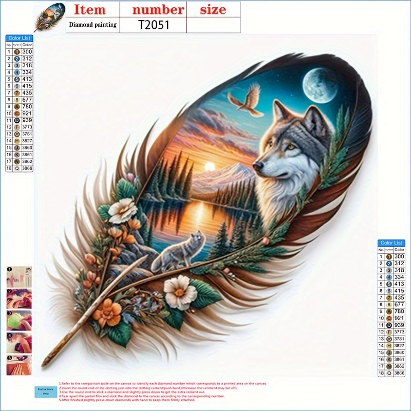 TEMU Silhouette de Feuille, Loup - Kit de Peinture Diamant 5D, Strass Ronds Complets, Idéal pour Débutants, Parfait pour la Décoration Murale à ou ,