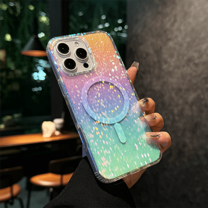 TEMU Phone Case: High-end Dual-layer Color-plated Gradient Diamond-pattern Glitter Phone Case With Strong Magnetic Attachment And Precise Cutouts For