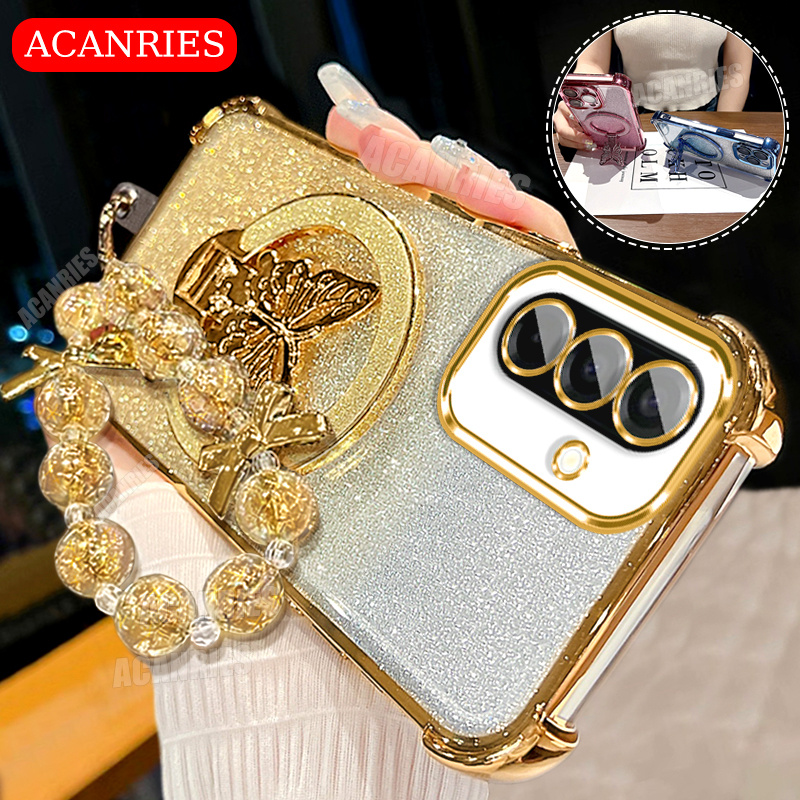 TEMU Phone Case - Acanries Luxury Star Bead Chain Lanyard With Glitter Bracket And Plating Gradient Shockproof Phone Case For Galaxy M56 5g/ A57 5g/