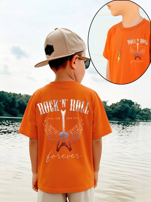 item picture boys fashionable casual short sleeve t shirt with front and back prints creative rock n roll guitar trendy and versatile crew neck for boys